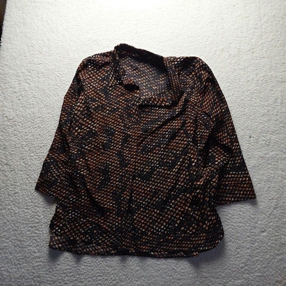 Investments Blouse Womens 3X Black Collared 3/4 Sleeve Animal Print Tunic Top